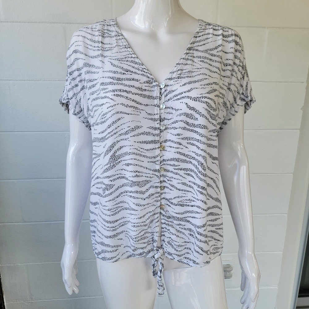 Jane and Delancey Tie Front Blouse White Black Animal Print Women L Office Chic